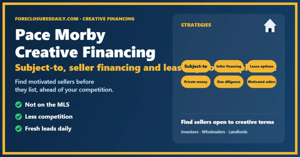 Creative financing real estate strategies popularized by Pace Morby, from ForeclosuresDaily.com