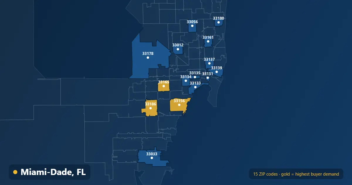 Map of Miami-Dade ZIP codes covered by our real estate listing platform