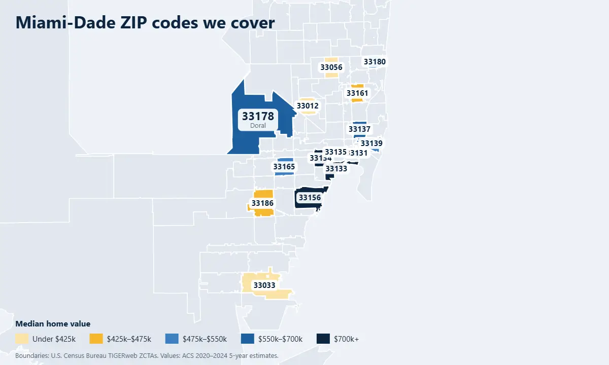 Miami-Dade real estate listing platform map of ZIP codes by median home value