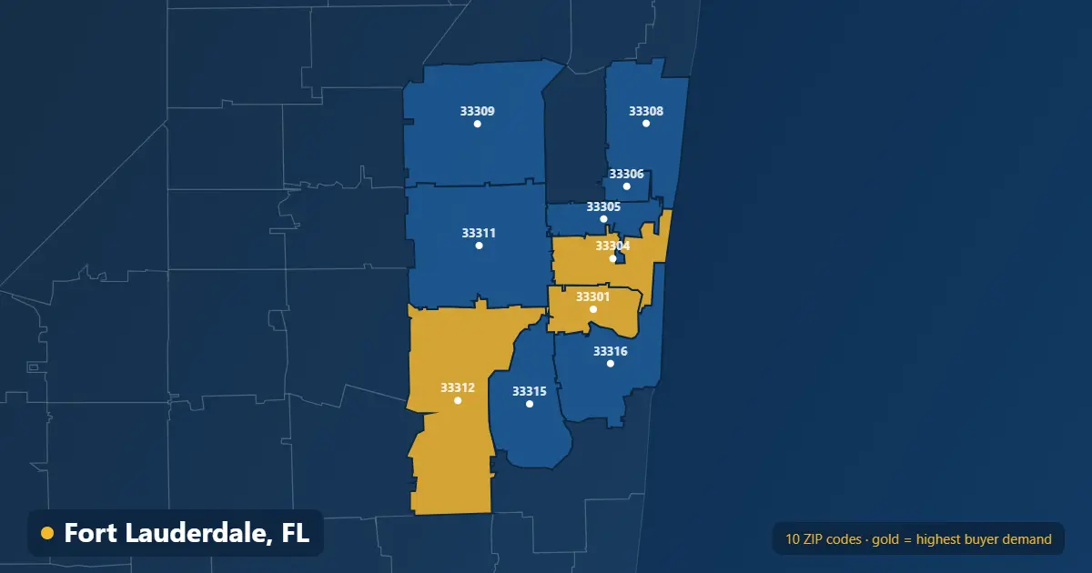Map of Fort Lauderdale ZIP codes covered by our real estate listing platform