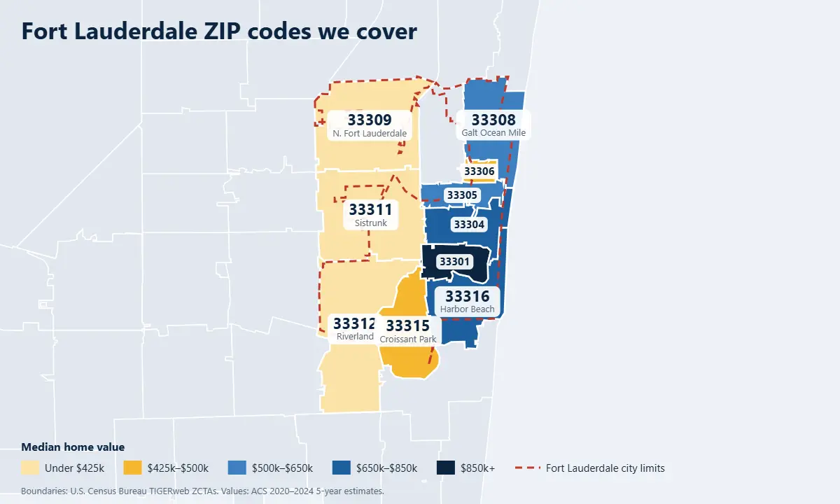 Fort Lauderdale real estate listing platform map of ZIP codes by median home value