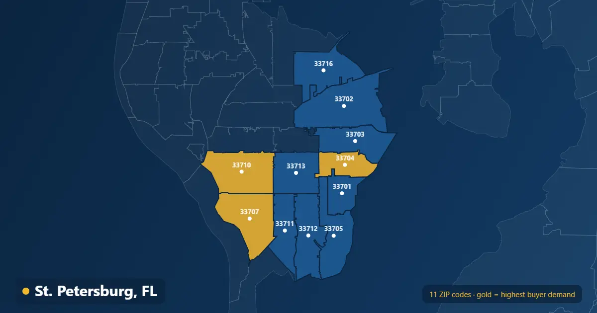 Map of St. Petersburg ZIP codes covered by our real estate listing platform