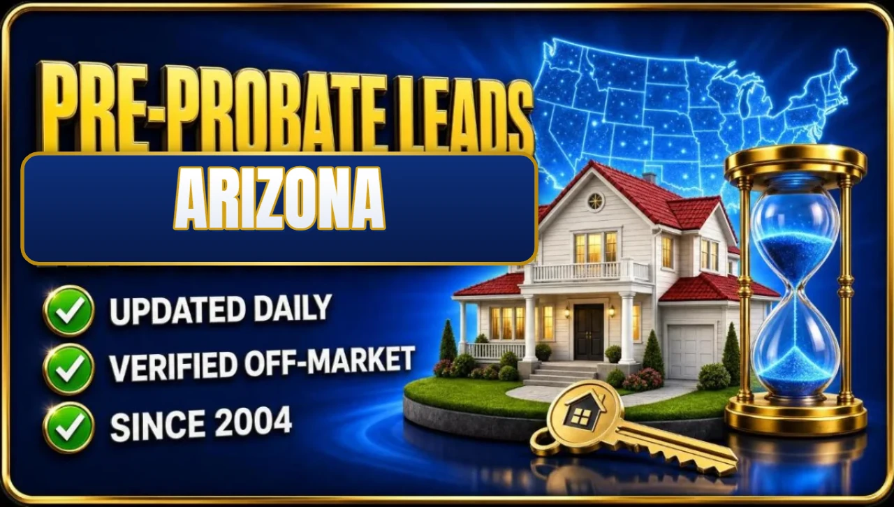 Pre-probate leads Arizona 3D hero: house with hourglass and keys with updated daily, verified off-market and since 2004 checks
