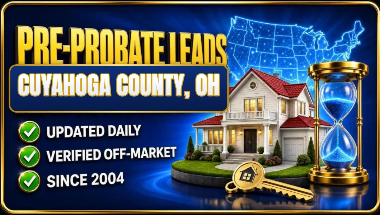 Pre-probate leads Cuyahoga County, OH 3D hero: house with hourglass and keys with updated daily, verified off-market and since 2004 checks