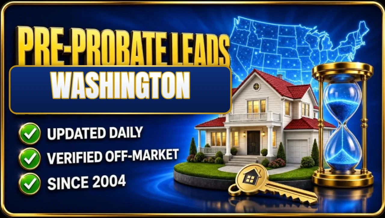 Pre-probate leads Washington 3D hero: house with hourglass and keys with updated daily, verified off-market and since 2004 checks