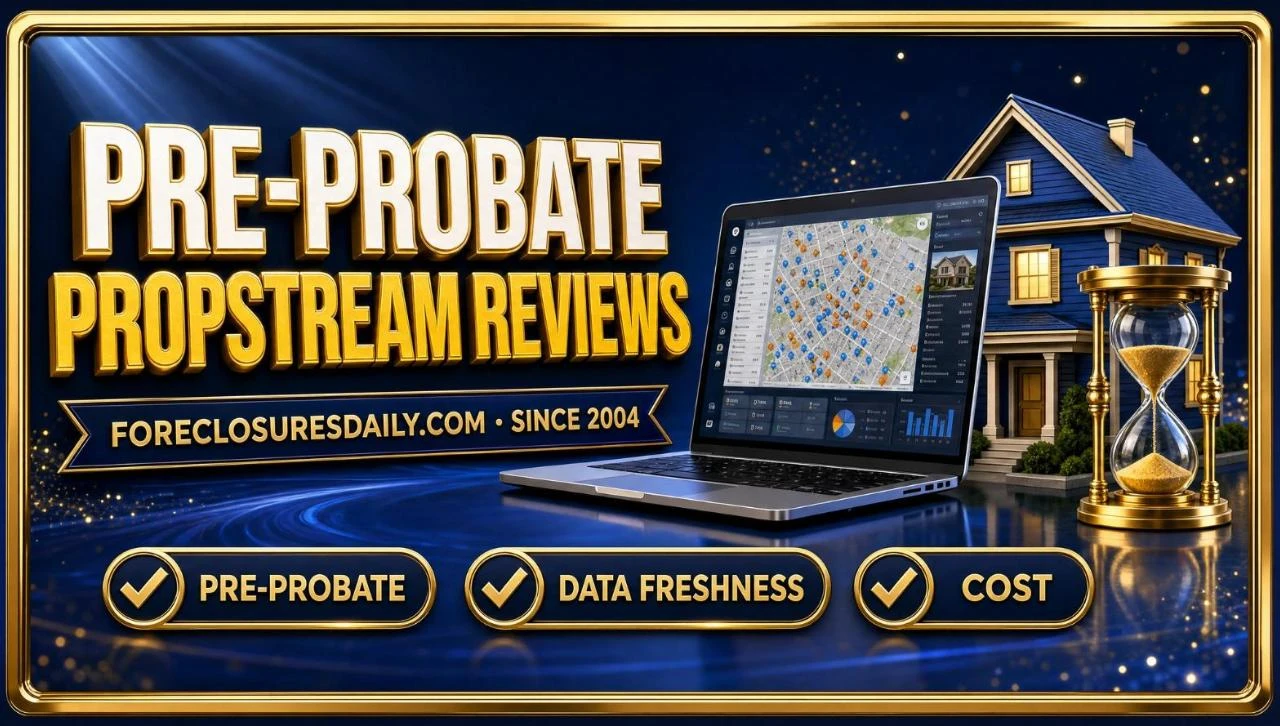 Pre-probate PropStream reviews 3D hero: laptop property map, house and hourglass with pre-probate, data freshness and cost checks