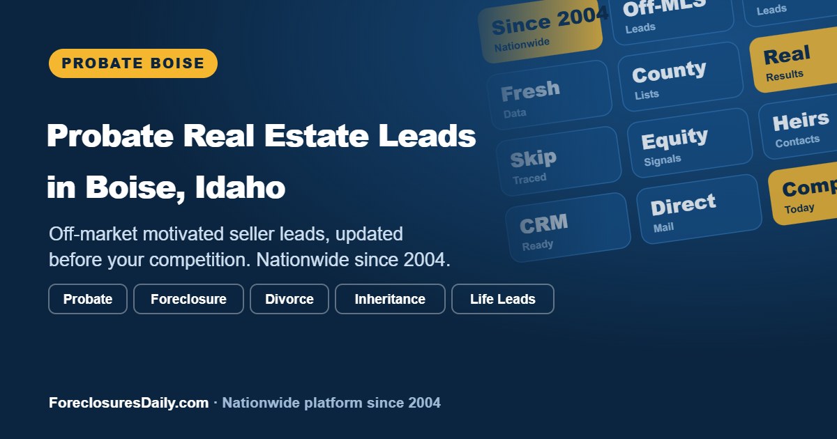 Probate real estate leads in Boise, Idaho, shown with an investor map of Boise ZIP codes