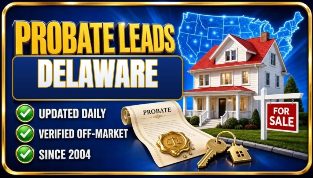 Probate real estate leads in Delaware 3D hero: house with probate papers and keys, updated daily, verified off-market, since 2004