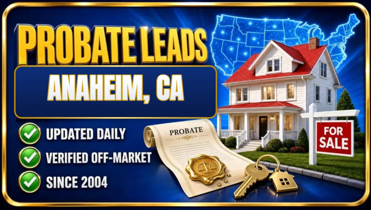 Probate real estate leads Anaheim, CA 3D hero: house with probate papers, keys and for sale sign with updated daily, verified off-market and since 2004 checks