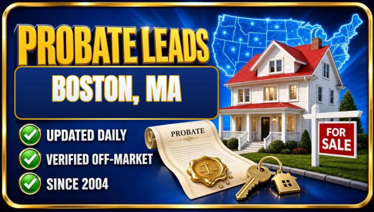 Probate real estate leads Boston, MA 3D hero: house with probate papers, keys and for sale sign with updated daily, verified off-market and since 2004 checks
