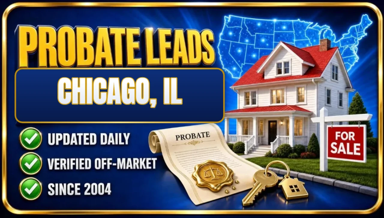 Probate real estate leads Chicago, IL 3D hero: house with probate papers, keys and for sale sign with updated daily, verified off-market and since 2004 checks