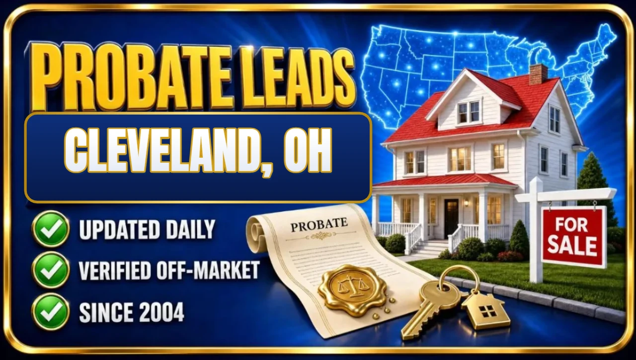 Probate real estate leads Cleveland, OH 3D hero: house with probate papers, keys and for sale sign with updated daily, verified off-market and since 2004 checks