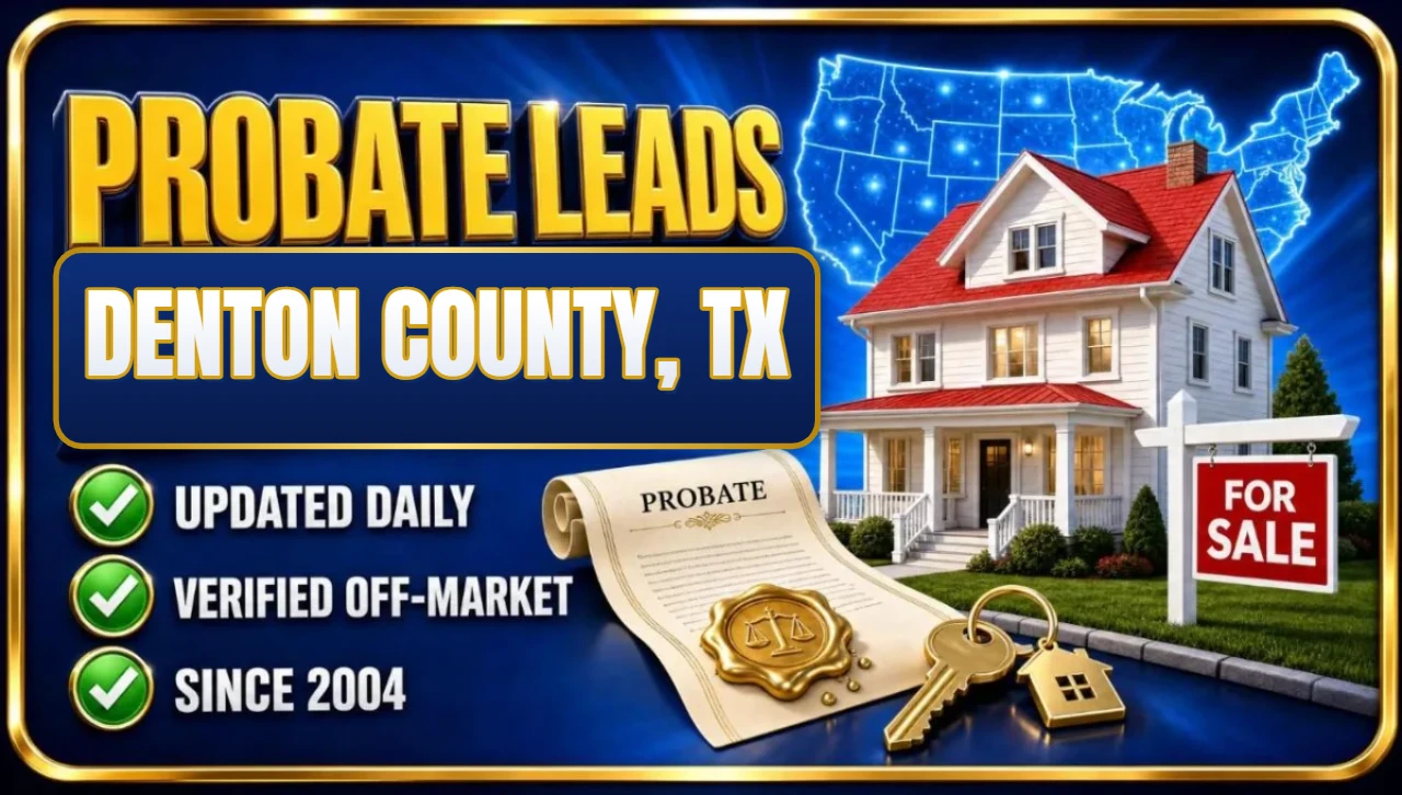 Probate real estate leads in Denton County, TX 3D hero: house with probate papers and keys, updated daily, verified off-market, since 2004
