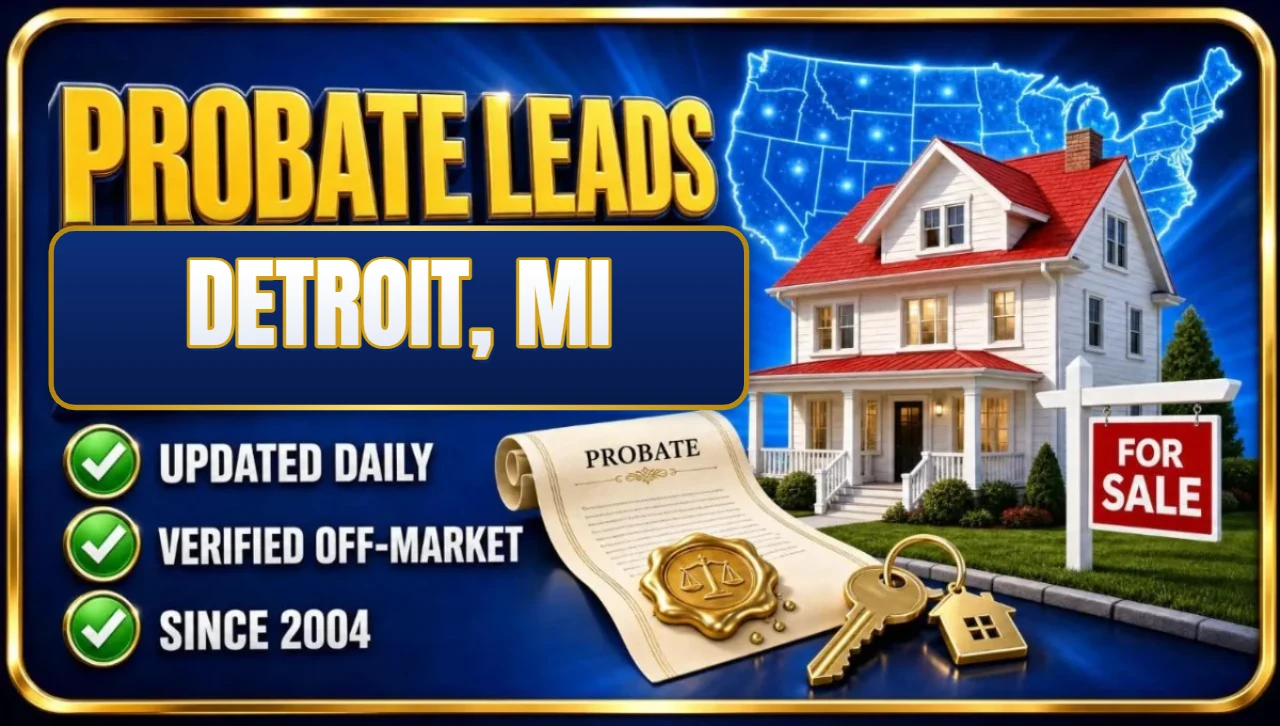 Probate real estate leads Detroit, MI 3D hero: house with probate papers, keys and for sale sign with updated daily, verified off-market and since 2004 checks