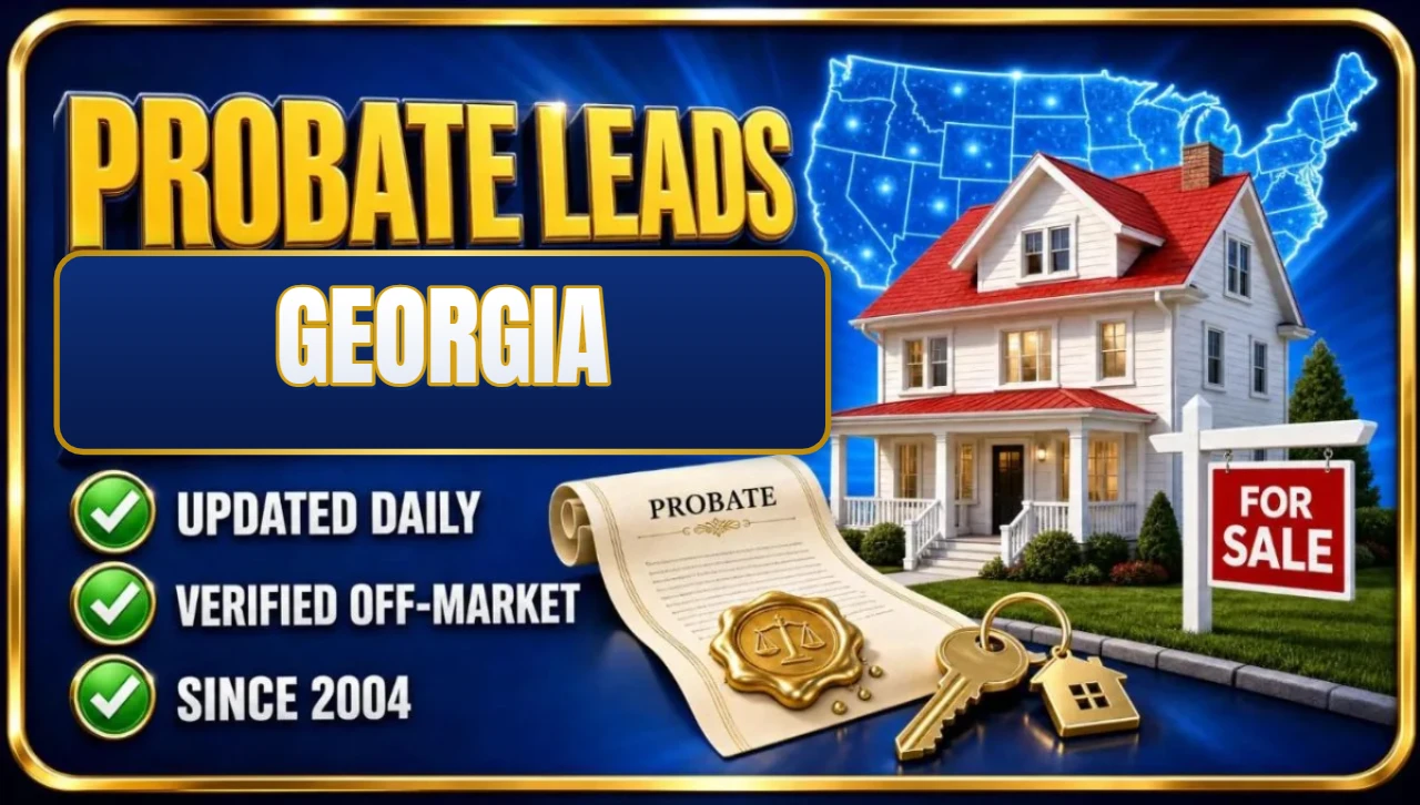 Probate real estate leads Georgia 3D hero: house with probate papers, keys and for sale sign with updated daily, verified off-market and since 2004 checks