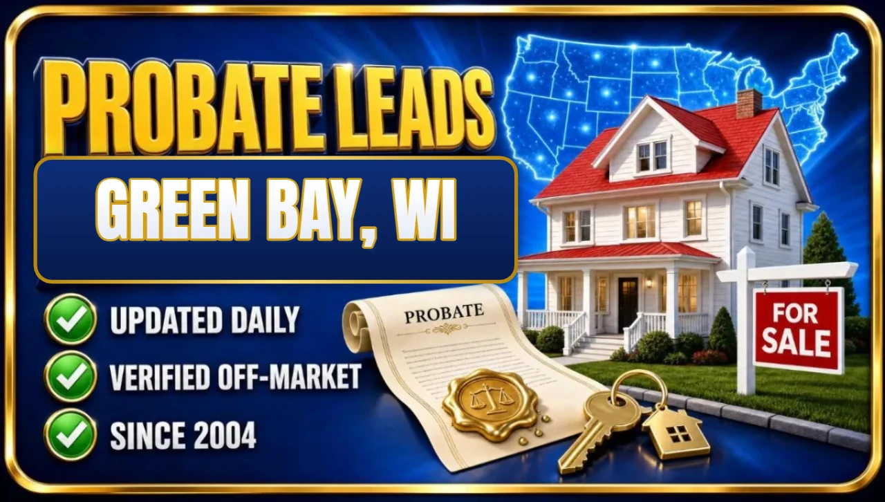 Probate real estate leads Green Bay, WI 3D hero: house with probate papers, keys and for sale sign with updated daily, verified off-market and since 2004 checks