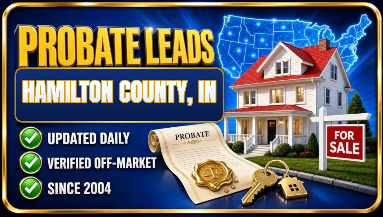 Probate real estate leads Hamilton County, IN 3D hero: house with probate papers, keys and for sale sign with updated daily, verified off-market and since 2004 checks