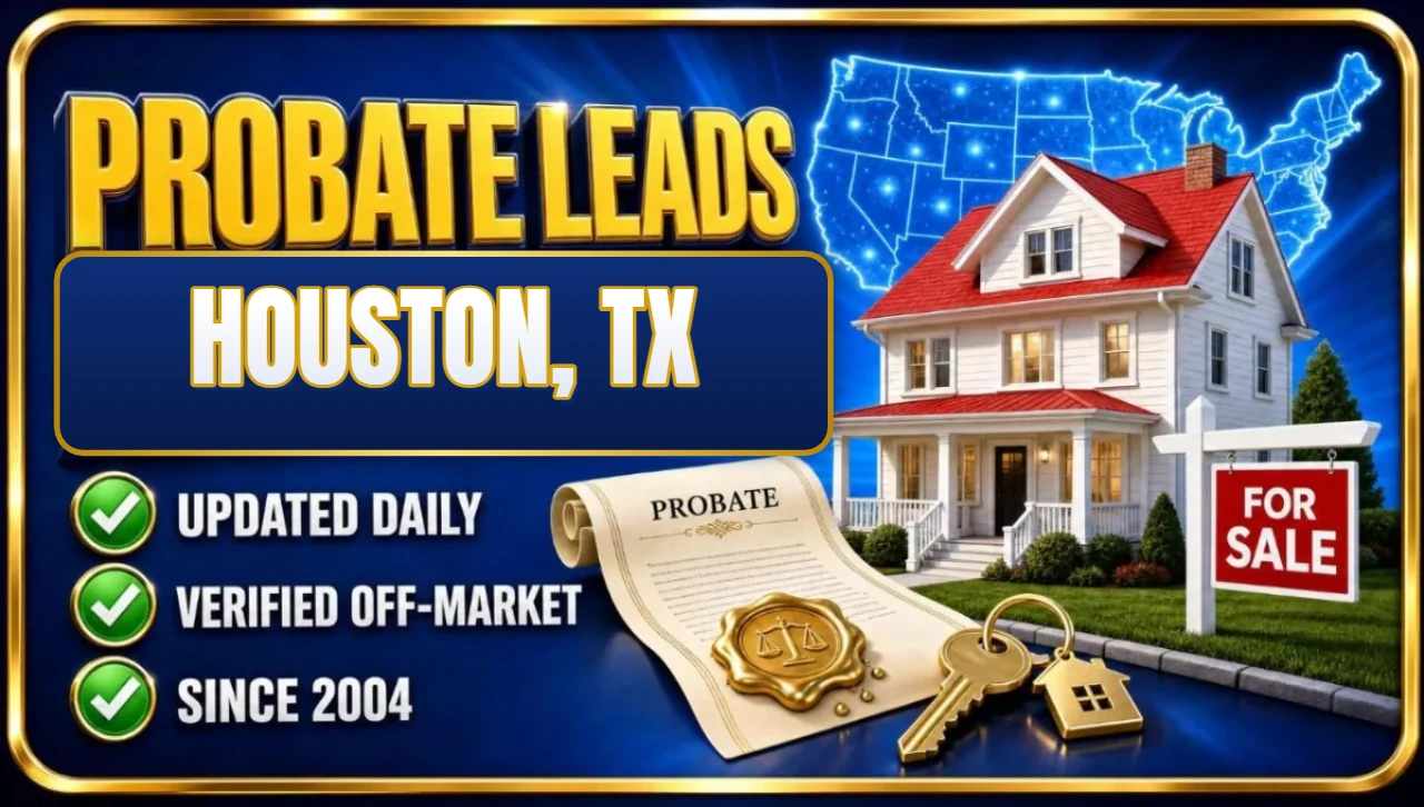 Probate real estate leads Houston, TX 3D hero: house with probate papers, keys and for sale sign with updated daily, verified off-market and since 2004 checks