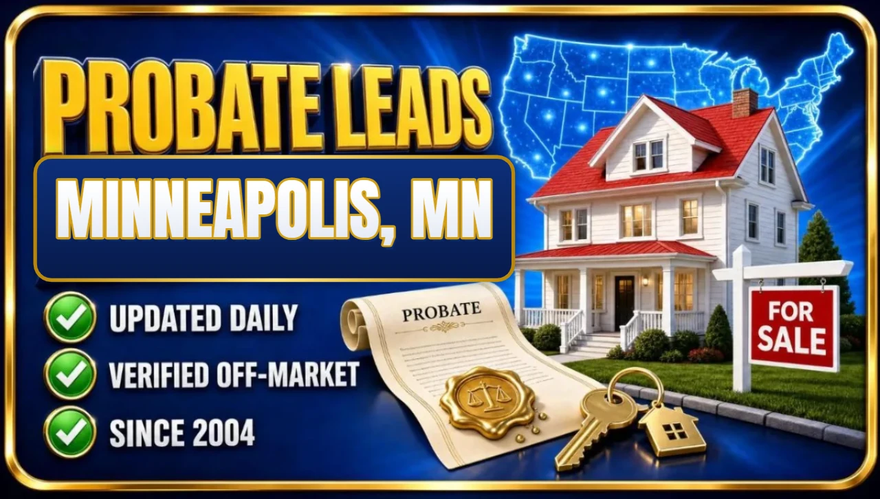 Probate real estate leads Minneapolis, MN 3D hero: house with probate papers, keys and for sale sign with updated daily, verified off-market and since 2004 checks