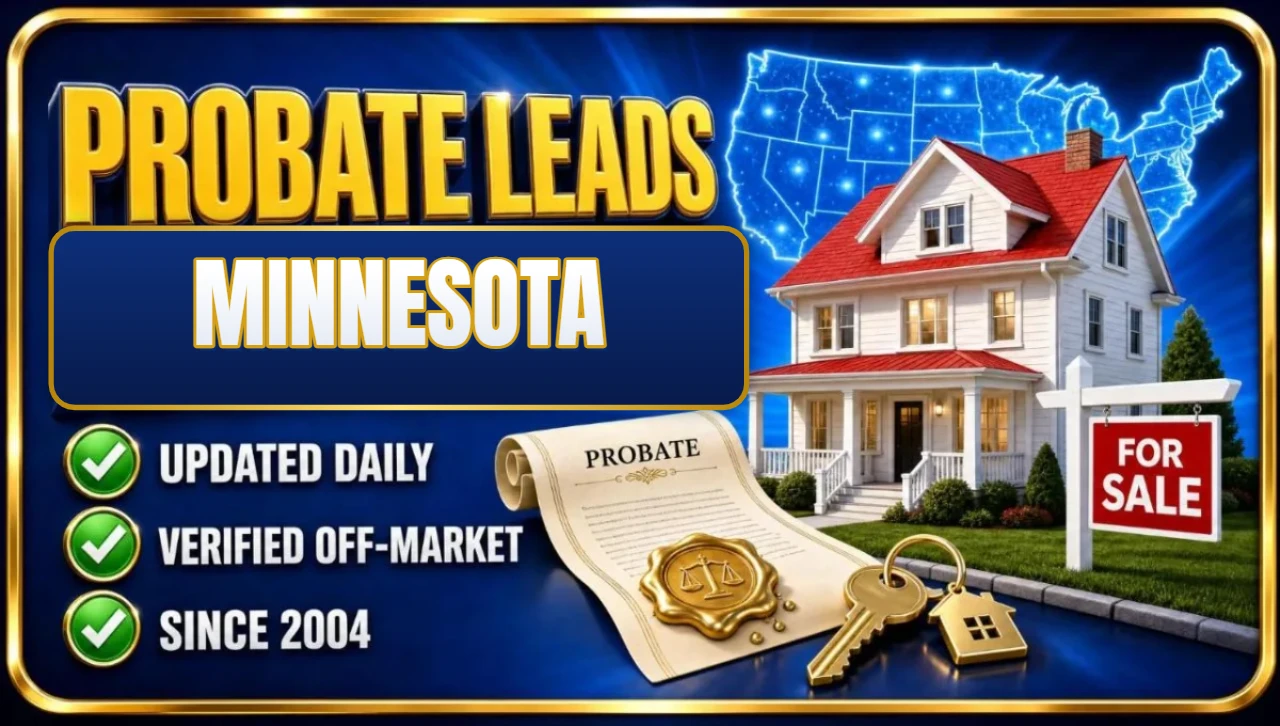 Probate real estate leads Minnesota 3D hero: house with probate papers, keys and for sale sign with updated daily, verified off-market and since 2004 checks