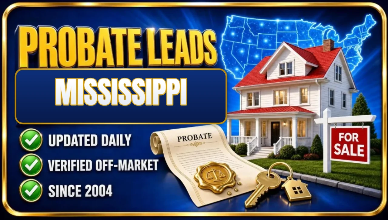 Probate real estate leads Mississippi 3D hero: house with probate papers, keys and for sale sign with updated daily, verified off-market and since 2004 checks