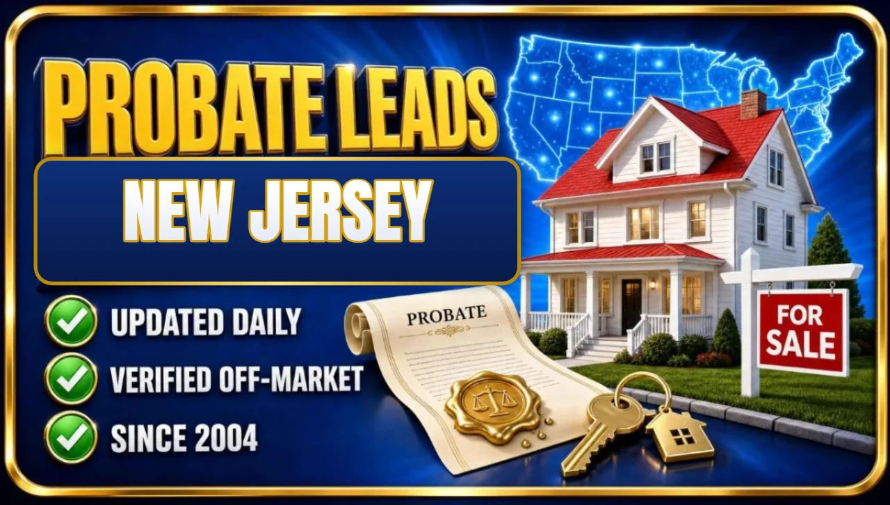 Probate real estate leads New Jersey 3D hero: house with probate papers, keys and for sale sign with updated daily, verified off-market and since 2004 checks