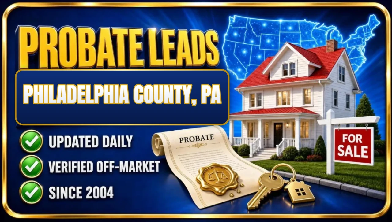 Probate real estate leads Philadelphia County, PA 3D hero: house with probate papers, keys and for sale sign with updated daily, verified off-market and since 2004 checks