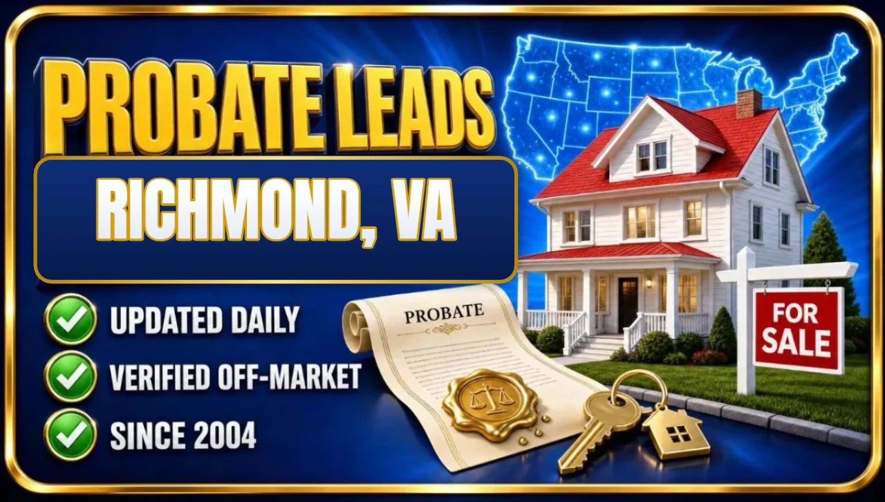 Probate real estate leads Richmond, VA 3D hero: house with probate papers, keys and for sale sign with updated daily, verified off-market and since 2004 checks