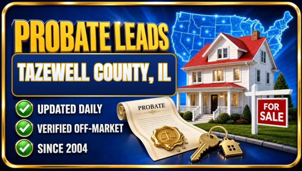 Probate real estate leads Tazewell County, IL 3D hero: house with probate papers, keys and for sale sign with updated daily, verified off-market and since 2004 checks