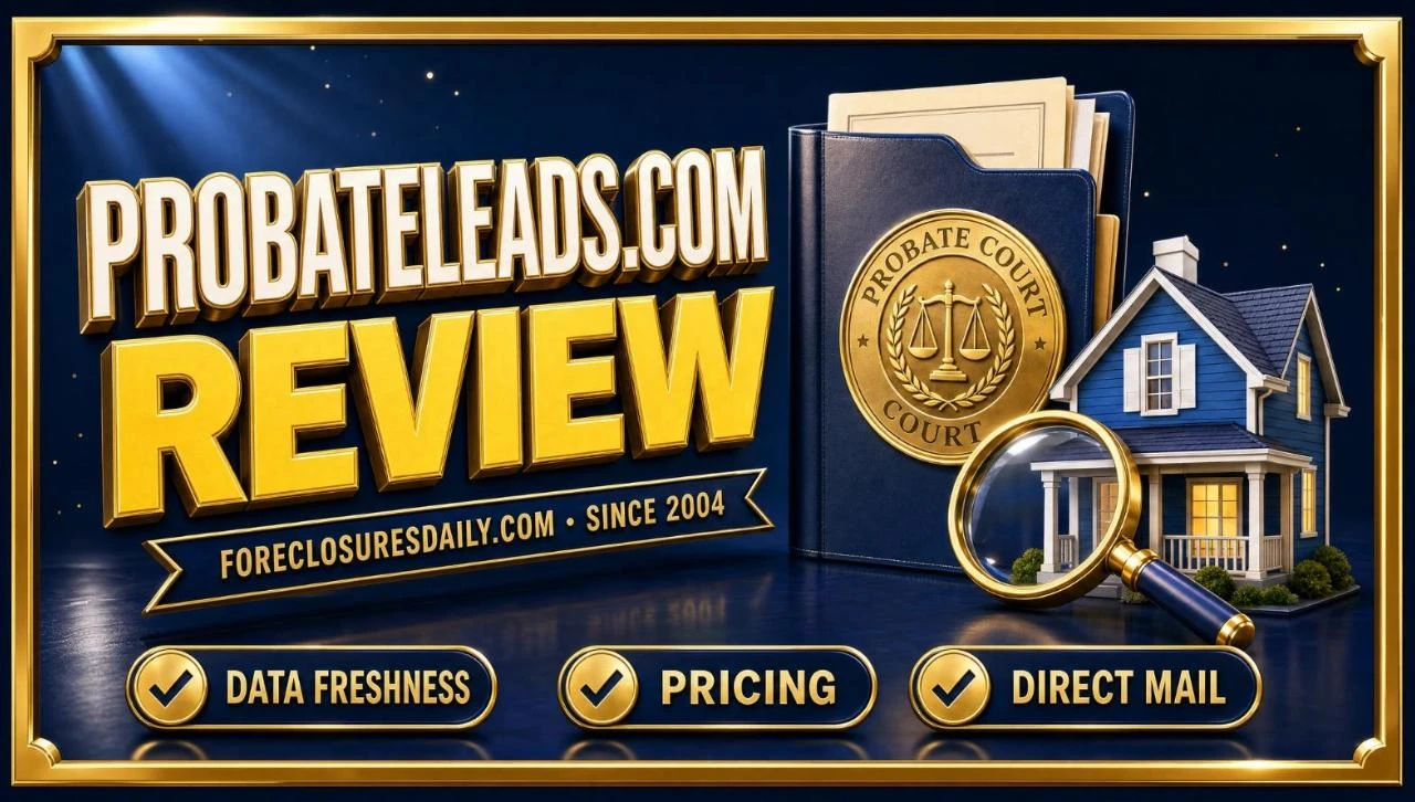 ProbateLeads.com review 3D hero: probate court folder, house and magnifying glass with data freshness, pricing and direct mail checks