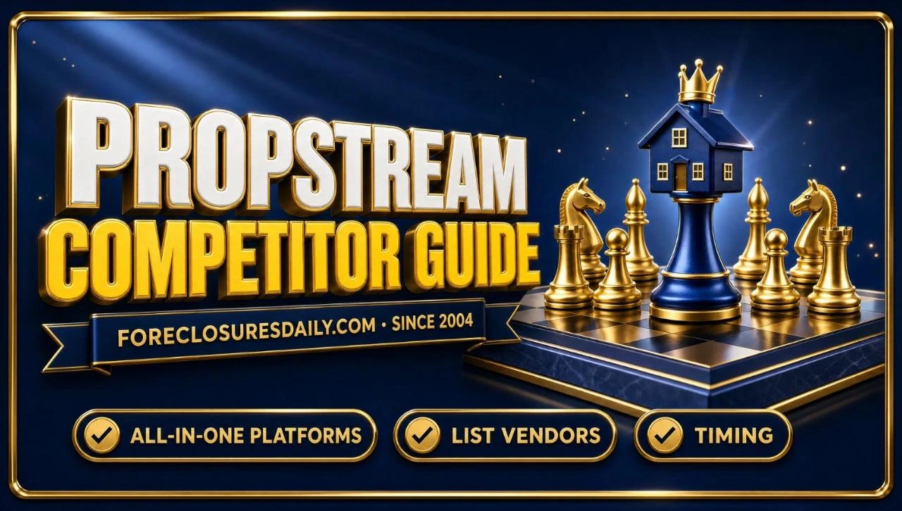 PropStream competitor guide 3D hero: chessboard with gold pieces and a house with all-in-one platforms, list vendors and timing checks