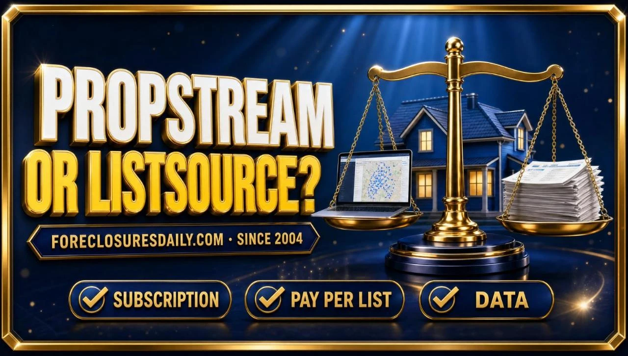 PropStream or ListSource 3D hero: balance scale comparing a laptop and paper lists with subscription, pay per list and data checks