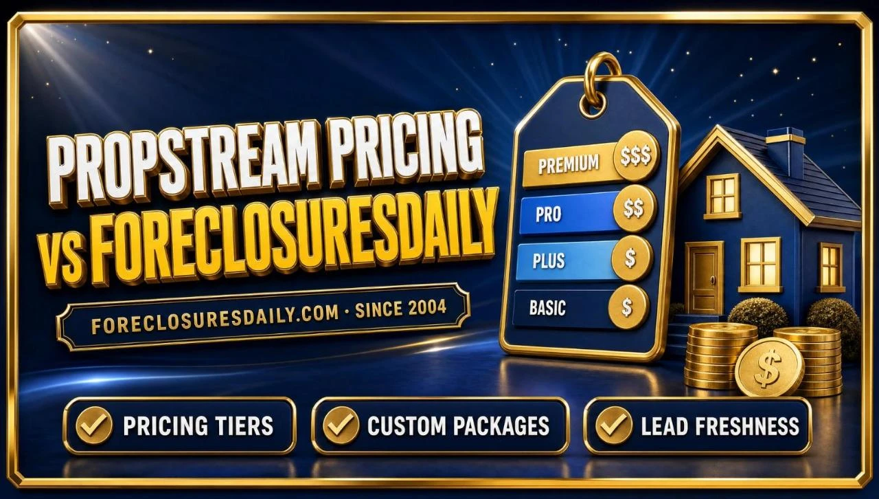 PropStream pricing vs ForeclosuresDaily.com 3D hero: price tag, tier chart and coins beside a house with pricing tiers, custom packages and lead freshness checks