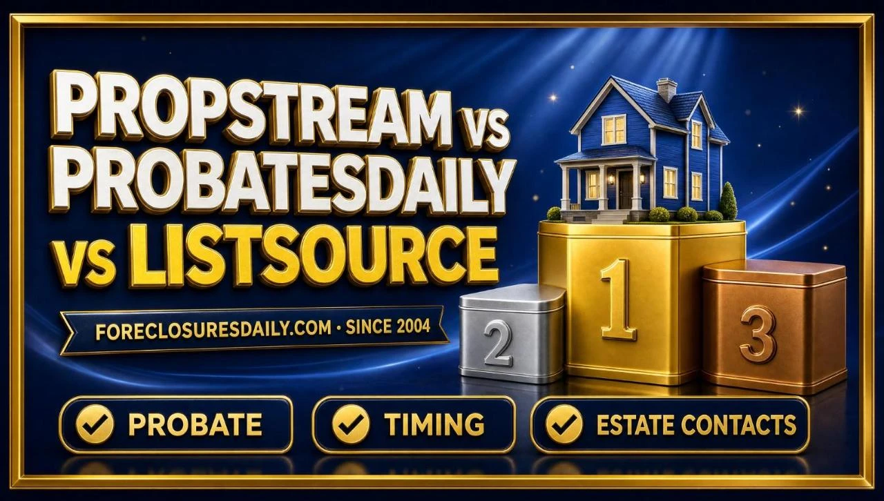 PropStream vs ProbatesDaily vs ListSource 3D hero: three podiums with a house on top with probate, timing and estate contacts checks