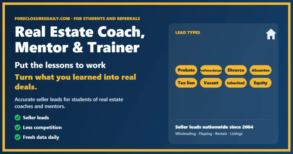 Real estate coach mentor trainer guide from ForeclosuresDaily.com
