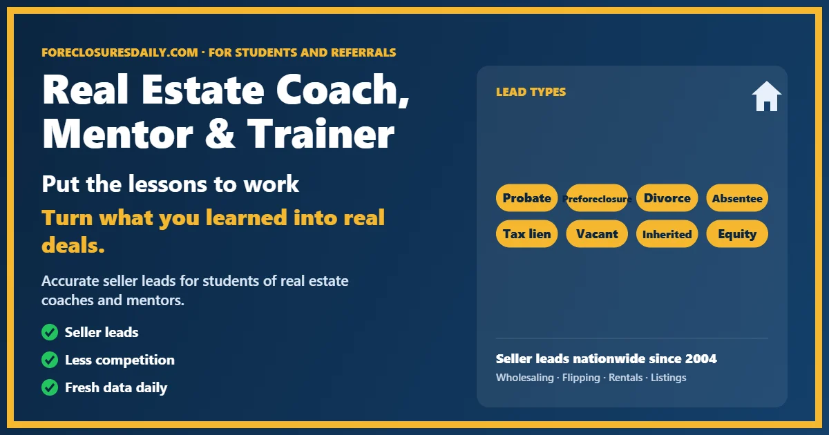 Real estate coach mentor trainer guide from ForeclosuresDaily.com