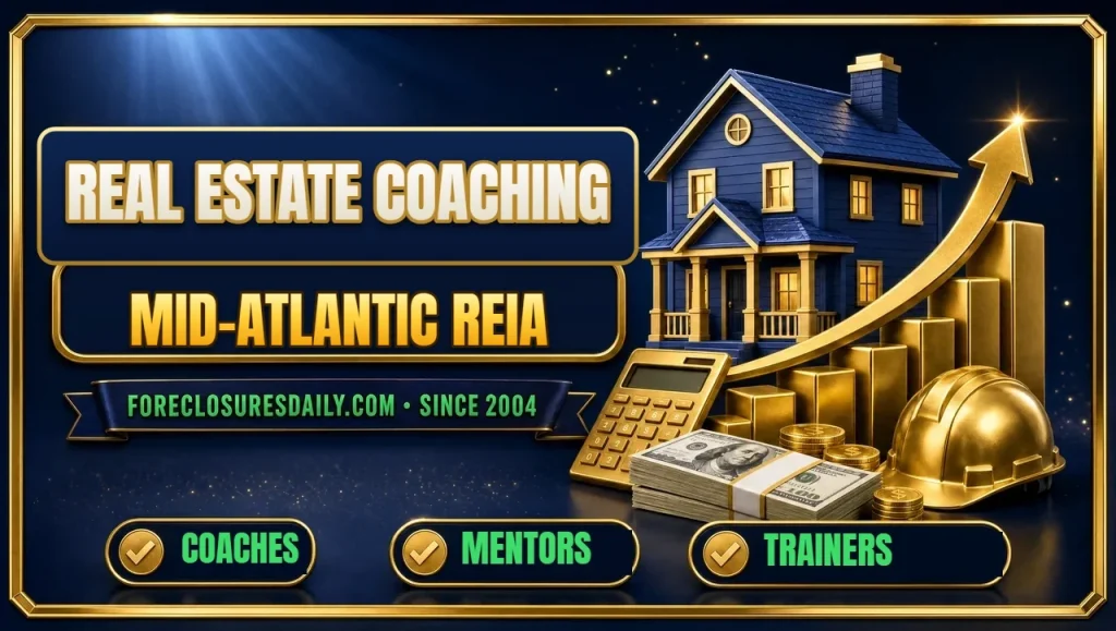 Real estate coaching Mid-atlantic reia 3D hero: house on rising gold bar chart with calculator, hard hat and cash with coaches, mentors and trainers checks