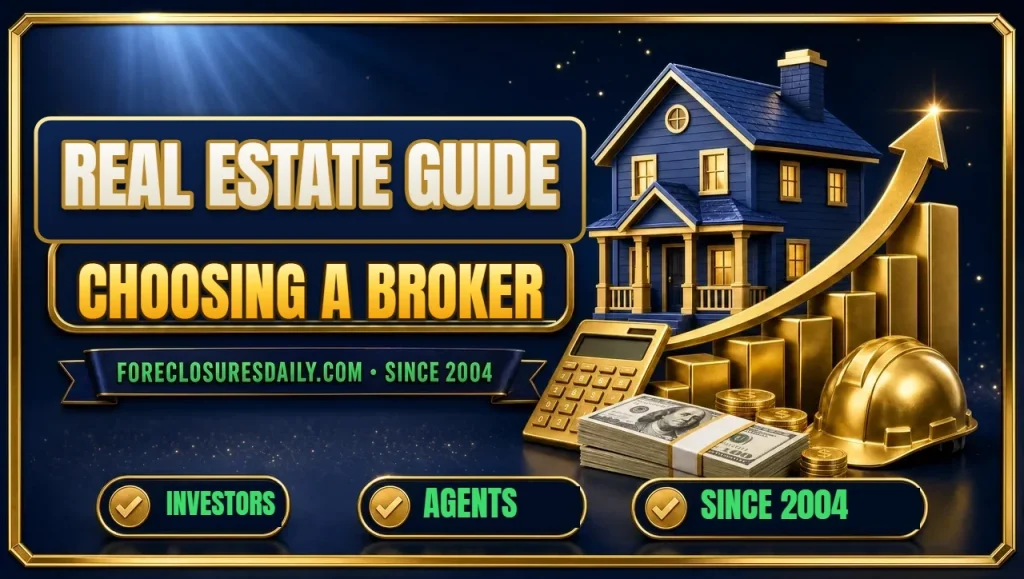 Real estate guide Choosing a broker 3D hero: house on rising gold bar chart with calculator, hard hat and cash with investors, agents and since 2004 checks