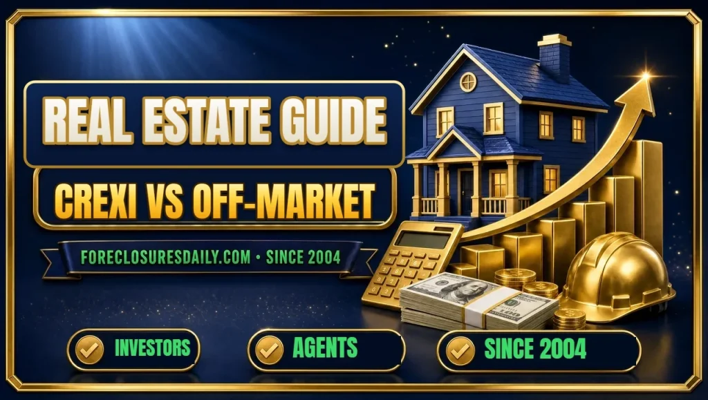 Real estate guide Crexi vs off-market 3D hero: house on rising gold bar chart with calculator, hard hat and cash with investors, agents and since 2004 checks