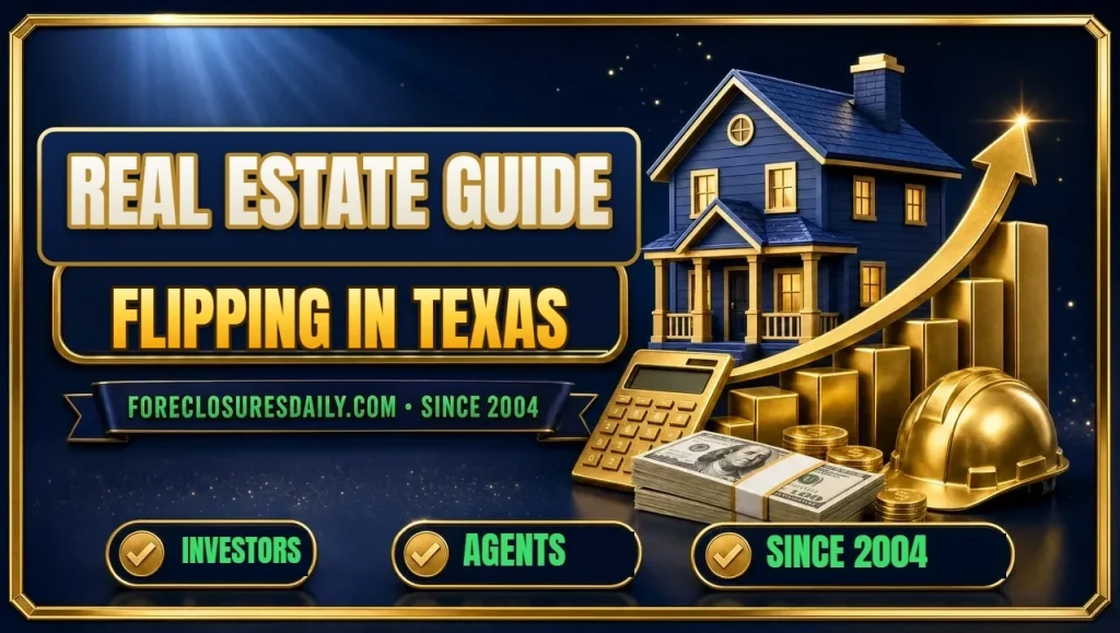 Real estate guide Flipping in texas 3D hero: house on rising gold bar chart with calculator, hard hat and cash with investors, agents and since 2004 checks