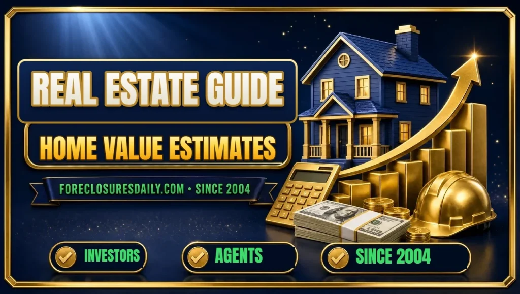 Real estate guide Home value estimates 3D hero: house on rising gold bar chart with calculator, hard hat and cash with investors, agents and since 2004 checks