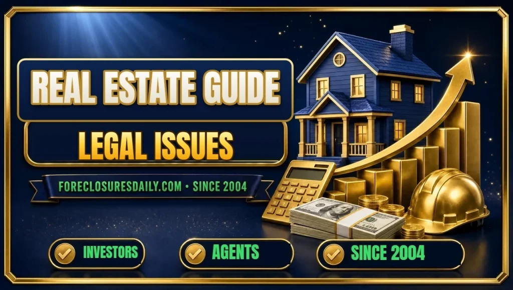 Real estate guide Legal issues 3D hero: house on rising gold bar chart with calculator, hard hat and cash with investors, agents and since 2004 checks