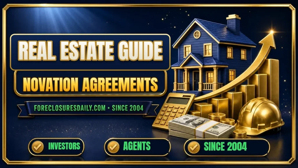 Real estate guide Novation agreements 3D hero: house on rising gold bar chart with calculator, hard hat and cash with investors, agents and since 2004 checks
