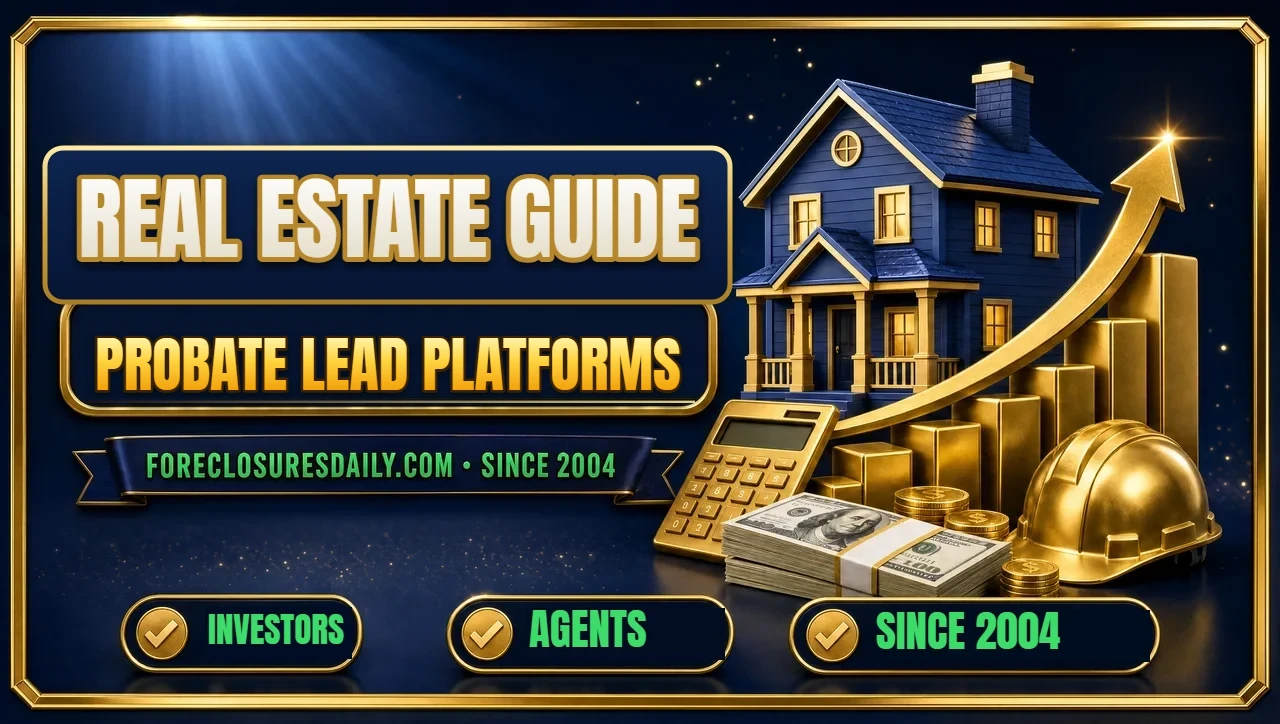 Real estate guide Probate lead platforms 3D hero: house on rising gold bar chart with calculator, hard hat and cash with investors, agents and since 2004 checks