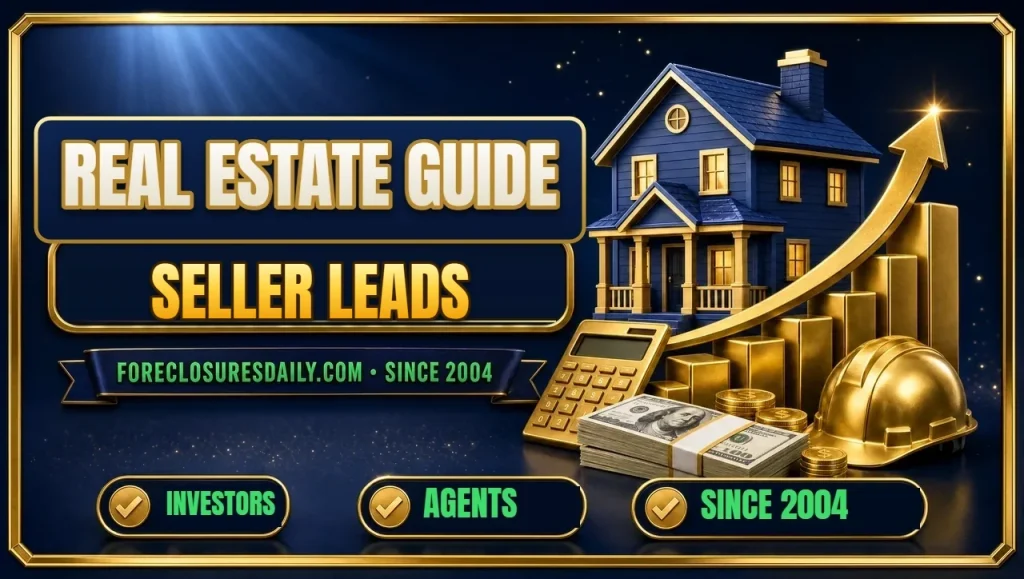 Real estate guide Seller leads 3D hero: house on rising gold bar chart with calculator, hard hat and cash with investors, agents and since 2004 checks
