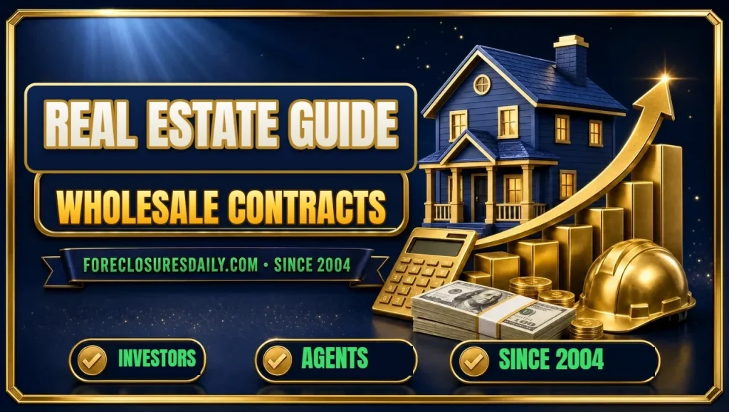 Real estate guide Wholesale contracts 3D hero: house on rising gold bar chart with calculator, hard hat and cash with investors, agents and since 2004 checks