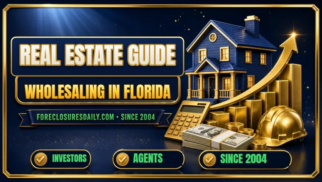 Real estate guide Wholesaling in florida 3D hero: house on rising gold bar chart with calculator, hard hat and cash with investors, agents and since 2004 checks
