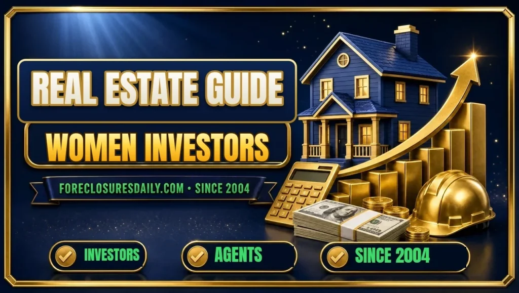 Real estate guide Women investors 3D hero: house on rising gold bar chart with calculator, hard hat and cash with investors, agents and since 2004 checks