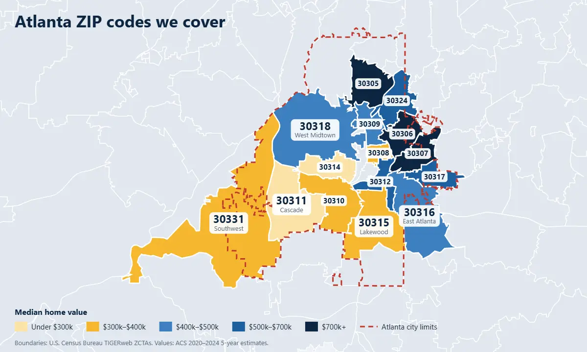 Atlanta real estate listing platform map of ZIP codes by median home value
