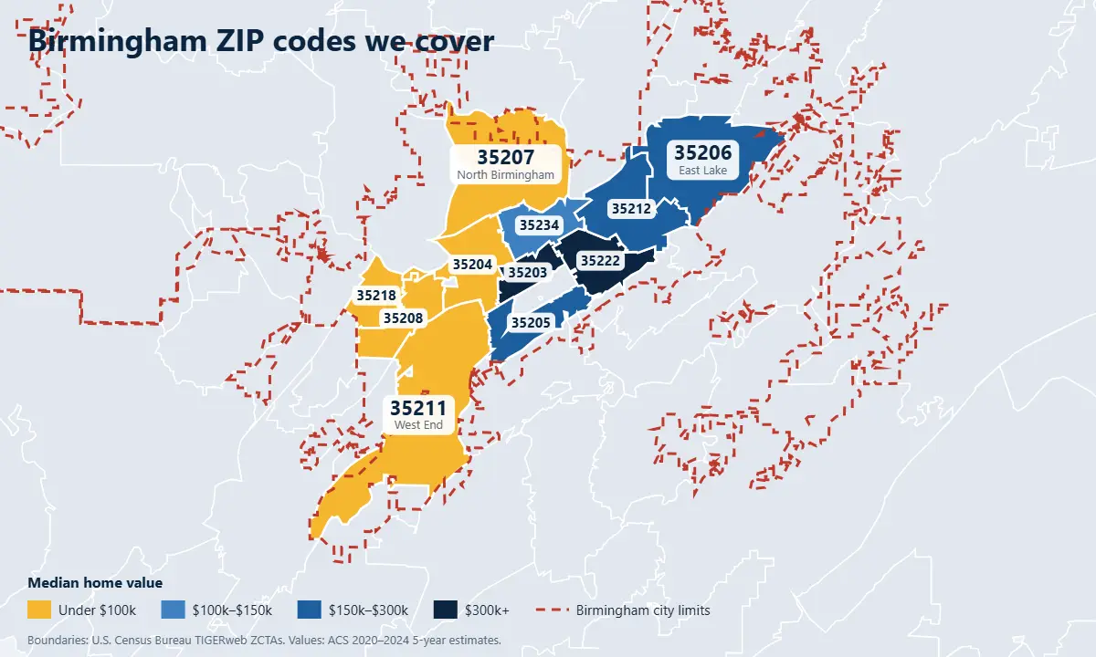 Birmingham real estate listing platform map of ZIP codes by median home value